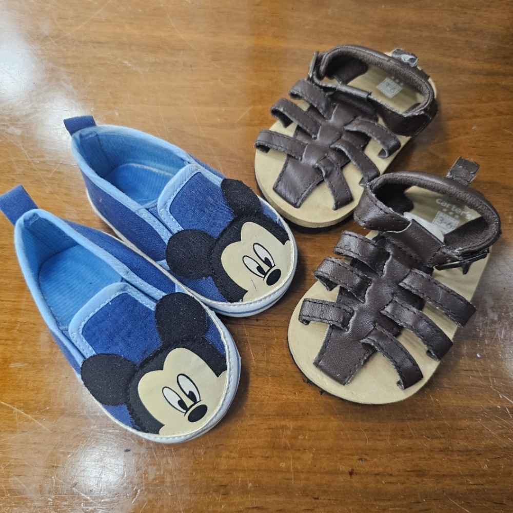 2 Pair Bundle - Brown Carter's Sandals & Blue Disney Mickey Mouse Slip-on - 3-6M